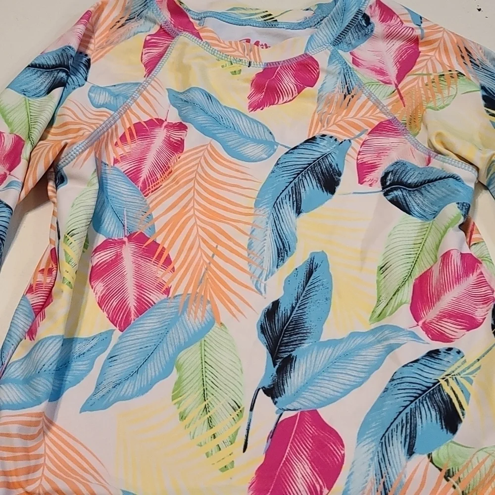 Miken Mermaids Girls Rash Guard Longsleeve Fluorescent Tropical Leaves Sz S‎ EUC